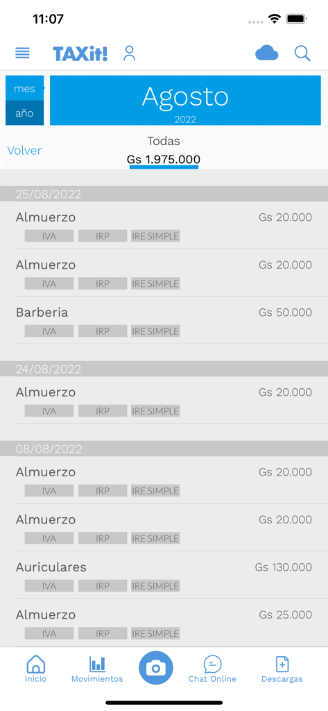 TAXit! - A list of tracked expenses for August in the TAXit! app showing various categories and tax classifications like IVA and IRP.