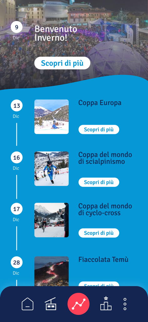La schermata del calendario eventi nell'app Pontedilegno-Tonale che elenca le prossime competizioni di sport invernali e le festività locali.