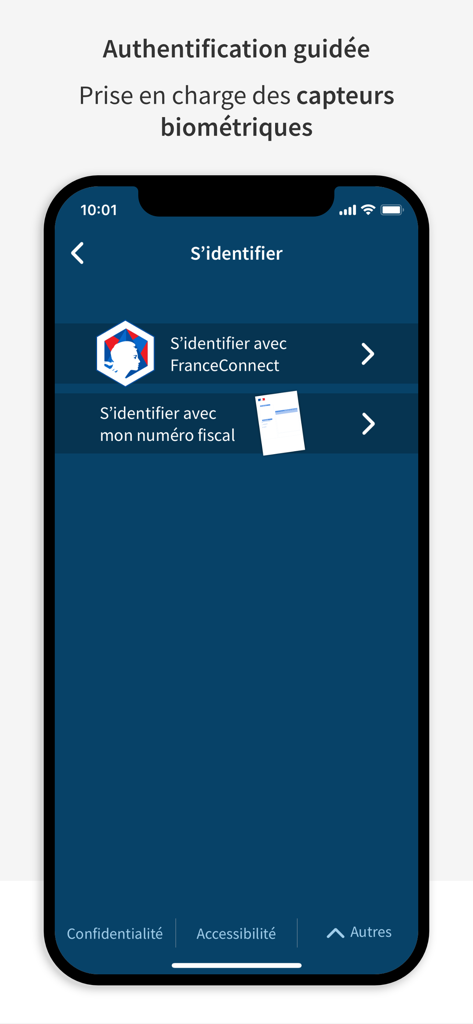 Identification screen of the Impots.gouv app with FranceConnect and fiscal number login options.