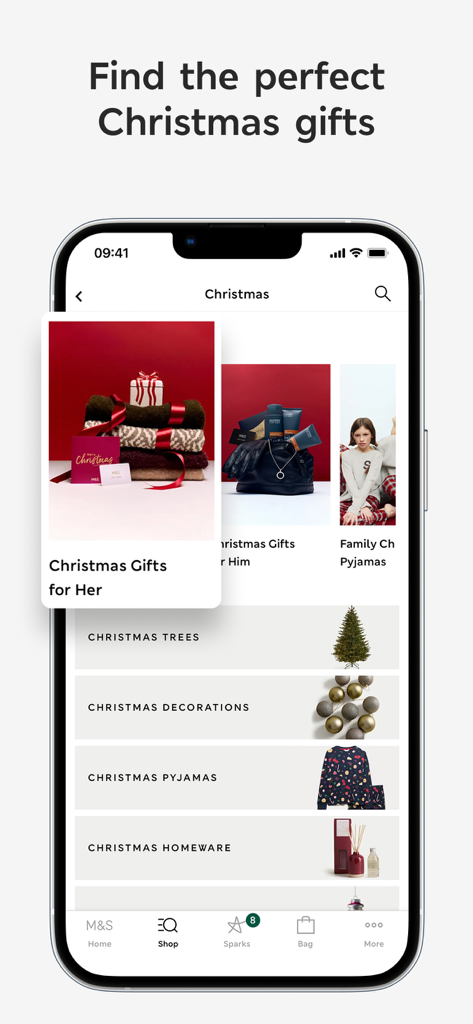 M&S - Fashion, Food & Homeware - M&S app interface showing Christmas gift categories for her, him, and home.