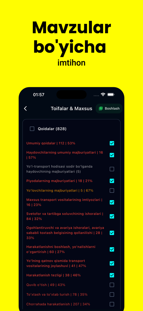 Avto Test PRO - Avto Test PRO app interface showing a list of Uzbekistan driving rules exam topics with progress tracking
