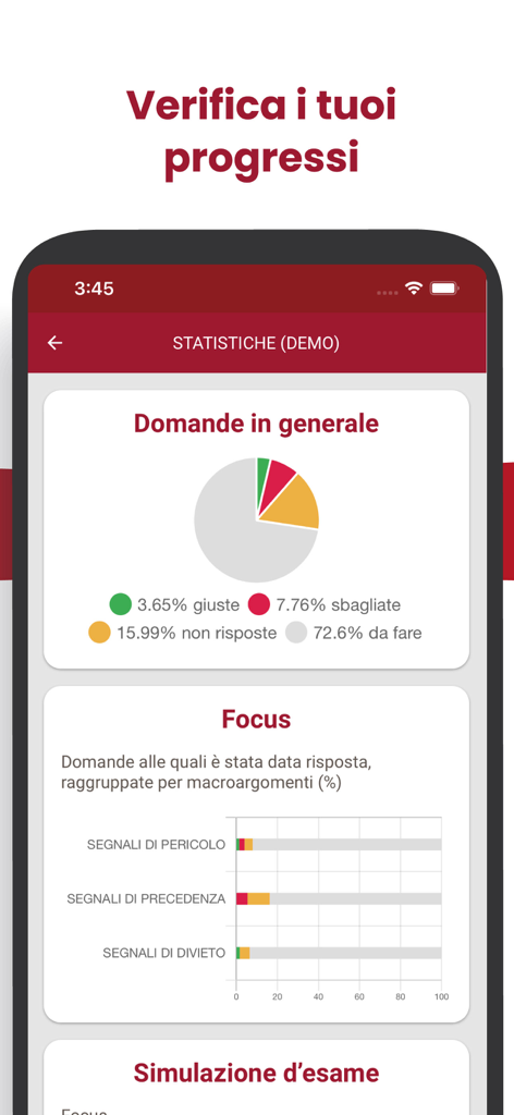 Quiz Patente 2026 - Statistics dashboard of the Quiz Patente app showing user progress with a pie chart and topic-specific bar graphs