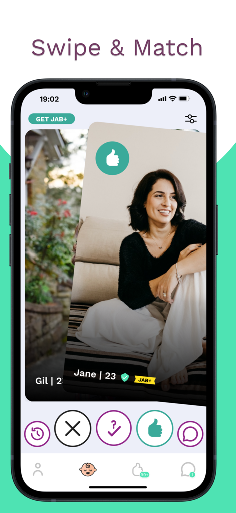Just a Baby: Become a parent - Just a Baby mobile app showing the swipe and match interface for finding donors and co-parents