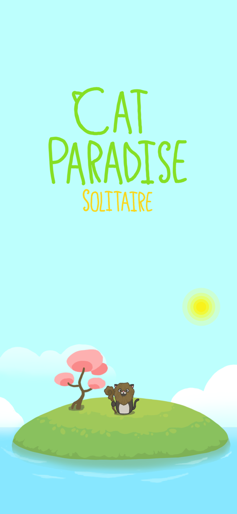 Solitaire Cat Paradise - Schermata iniziale del gioco Solitaire Cat Paradise con un simpatico gatto sacerdote su un'isola tropicale