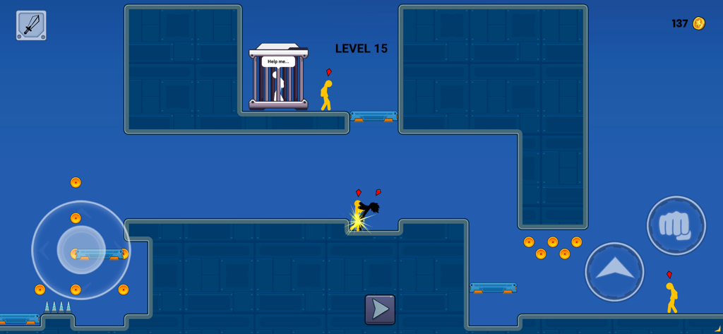 Anger of Stickman - Stickman Henry fighting an enemy while rescuing a prisoner in a blue platformer level