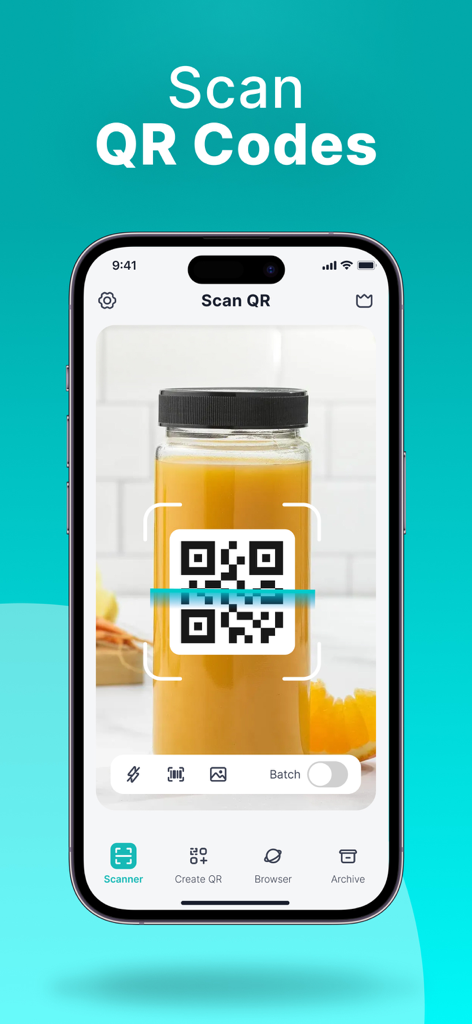 QR Code Reader & Scanner・ - iPhone displaying the QR Code Reader and Scanner app interface scanning a QR code on a bottle