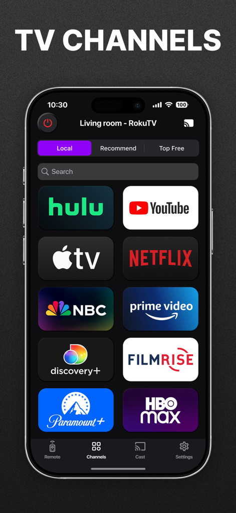 Ecrã da aplicação de controlo remoto universal de TV mostrando ícones de serviços de streaming incluindo Netflix e YouTube
