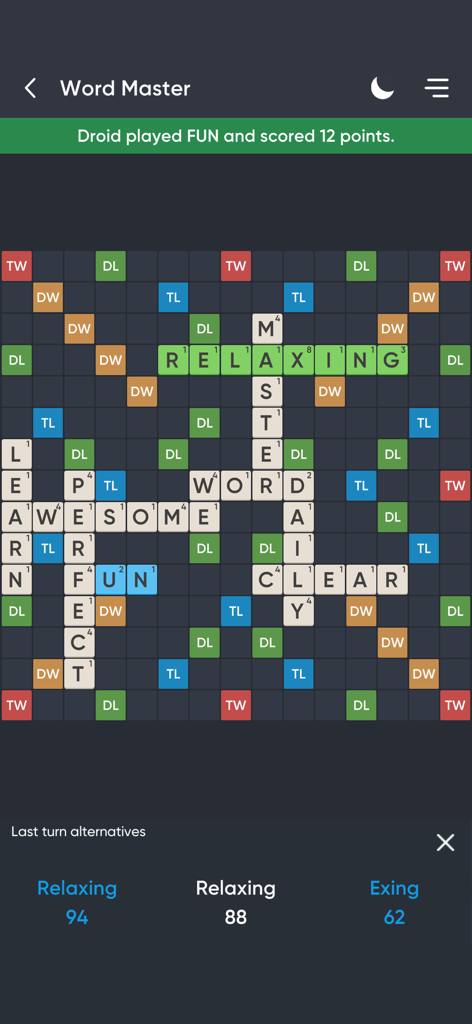 Word Master Pro gameplay screen showing a crossword board and the last turn alternatives feature for skill building