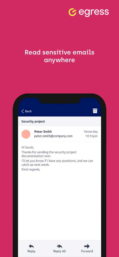 Egress Secure Mail app showing a secure email on a smartphone with the text Read sensitive emails anywhere