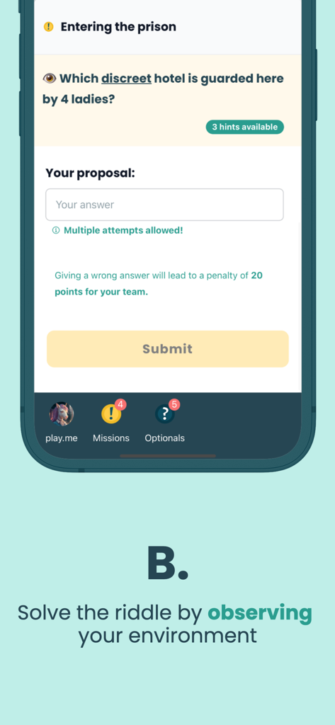Coddy - Écran mobile montrant une énigme à résoudre dans l'application de jeu d'évasion urbain Coddy en observant les environs.