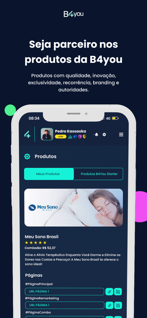 B4You mobile app dashboard showing product listings and affiliate commission details for digital entrepreneurs.