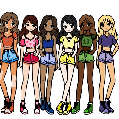 a group of girls wearing crop tops and shorts