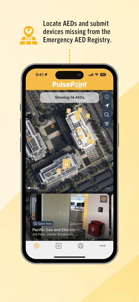 PulsePoint AED app displaying a satellite map with AED pins and a photo of a specific device location.