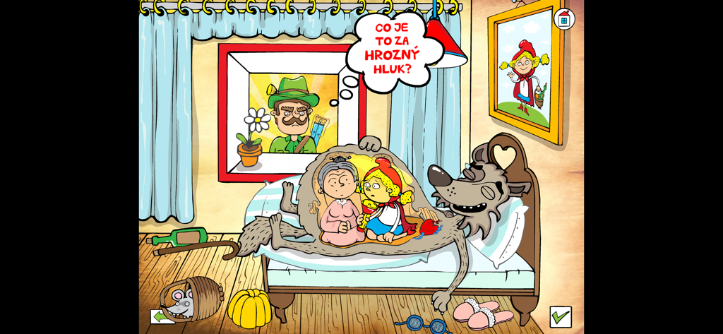 Červená Karkulka - Eine Zeichentrickzeichnung eines Wolfes, der im Bett liegt, mit der Großmutter und Rotkäppchen sichtbar in seinem Bauch aus der interaktiven tschechischen Bilderbuch-App.