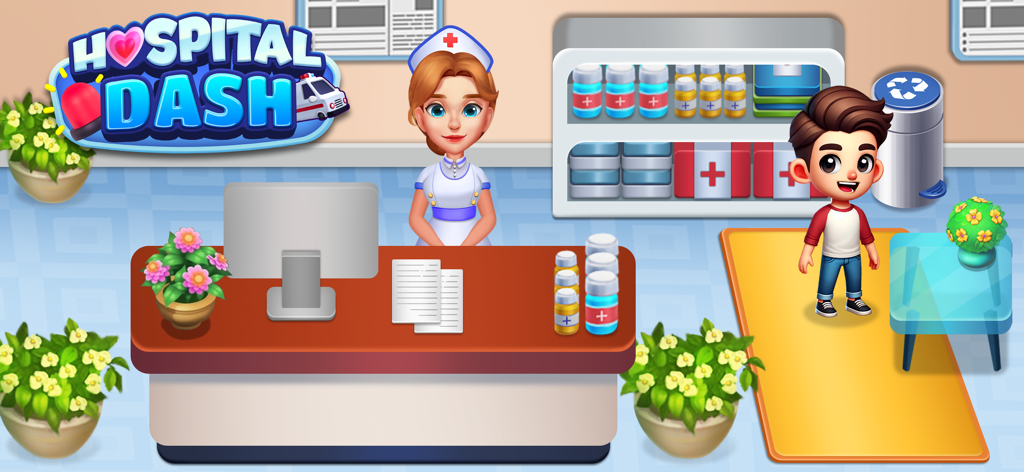 Hospital Dash: Clinic Game - Nurse at the hospital reception desk with a patient in Hospital Dash Clinic Game