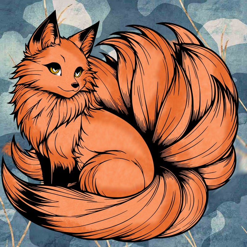 realistic detailed 9 tailed anime fox