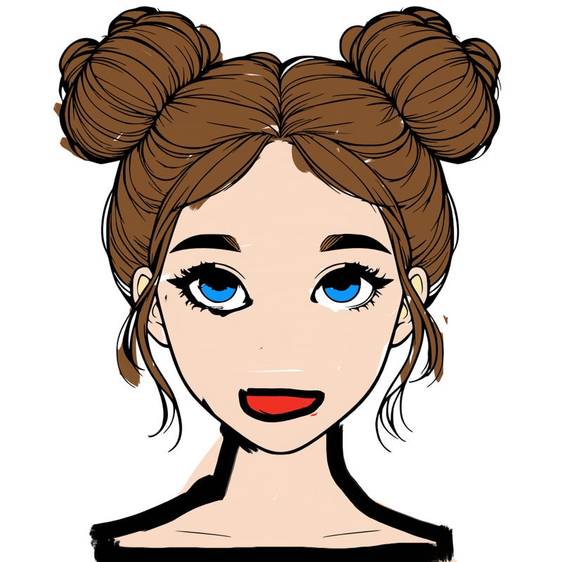 realistic girl with two buns on top of her head