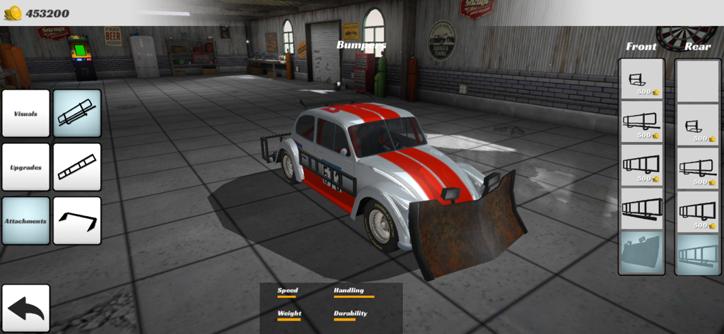 A white and red car with a front plow attachment being customized in a garage menu of Demolition Derby 3.