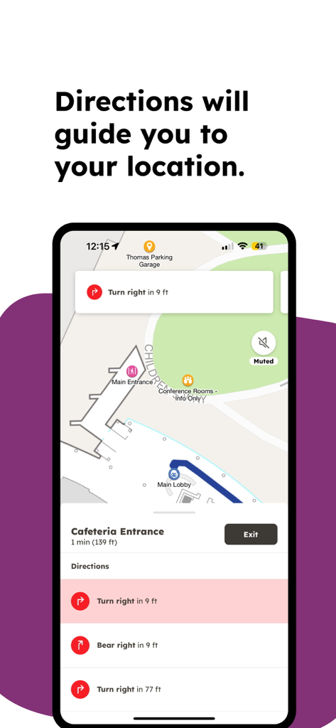 Captura de pantalla de la aplicación Phoenix Childrens Hospital que muestra indicaciones para caminar giro a giro en un mapa del campus