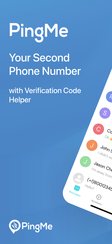 Interfaz de la aplicación PingMe que muestra el número de teléfono secundario y las funciones del ayudante de verificación SMS sobre un fondo azul