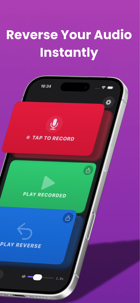 Reverse Audio & Reverse Play - User interface of the Reverse Audio app showing buttons for recording and playing audio in reverse