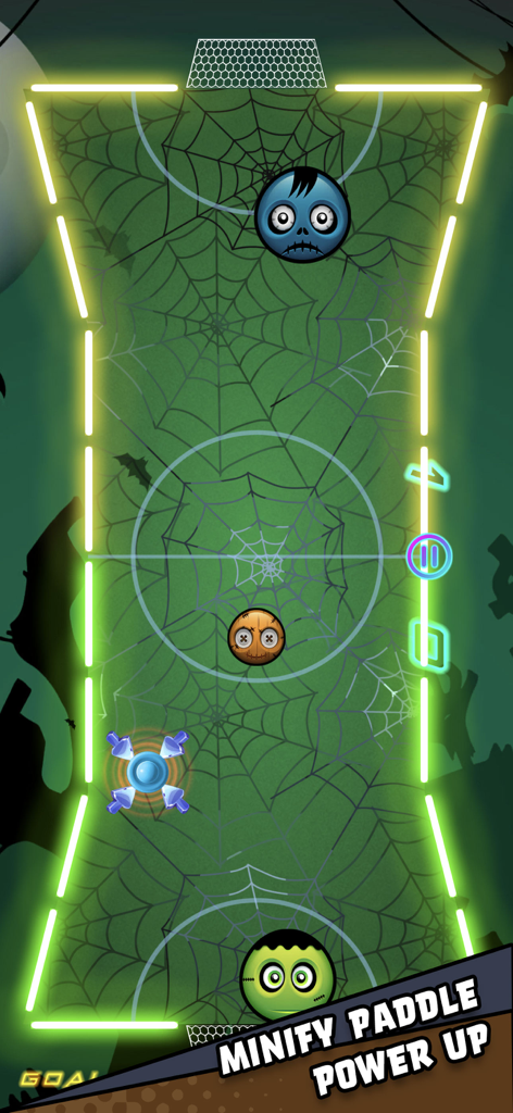 Air Hockey Glow HD Arcade 2D - Air Hockey Glow HD gameplay showing a minify paddle power up on a Halloween themed table