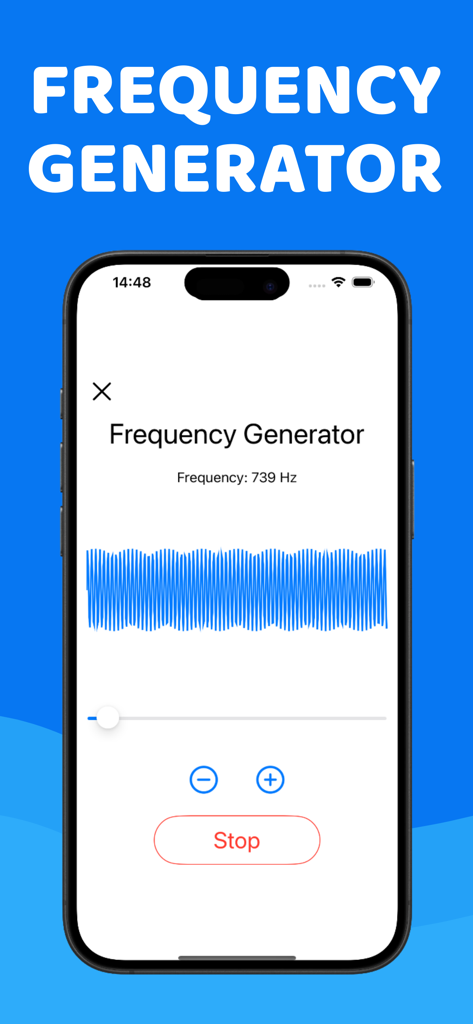 Clear Wave: Water Eject - Screenshot of the Frequency Generator feature in the Clear Wave Water Eject app showing sound waves on an iPhone screen