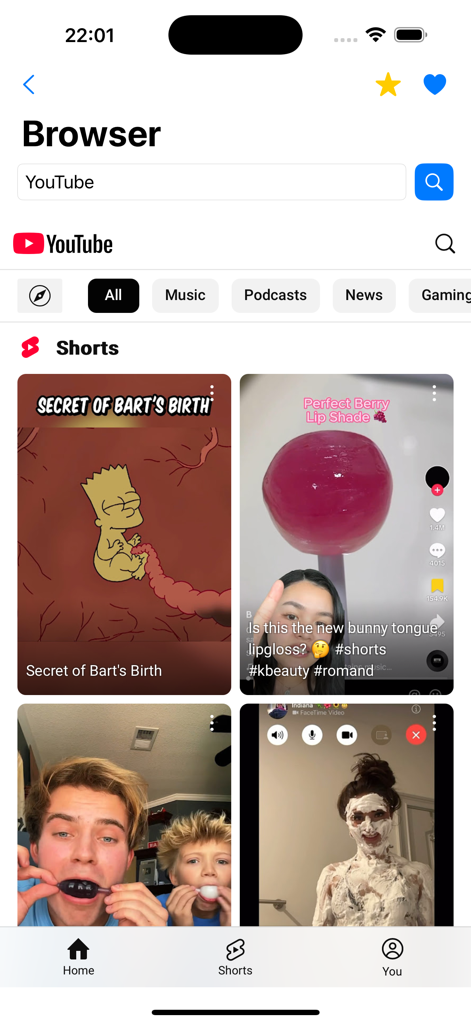 Web Browser for Watch - Interface showing the YouTube Shorts feed within the Web Browser for Watch application