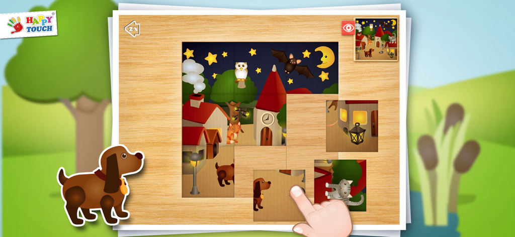 A child's finger solving a digital wooden puzzle featuring a night village scene with animals