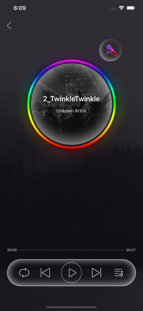iStrip plus app music rhythm interface with a colorful glowing light ring and media playback controls