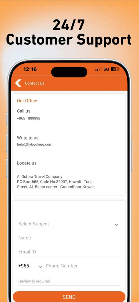 FlyBooking - Pagina di contatto dell'app mobile FlyBooking che mostra le opzioni di supporto clienti 24/7 e un modulo di messaggi