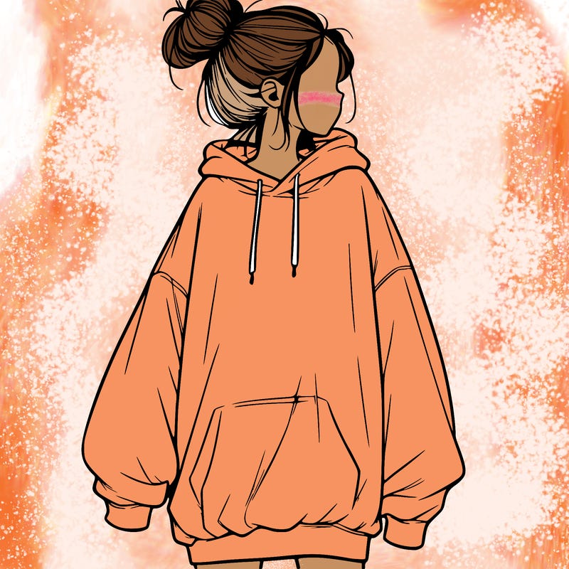 realistic girl with a oversized sweatshirt on and a bun