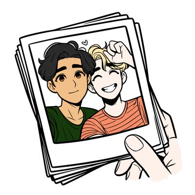 realistic, best friends taking a polaroid picture