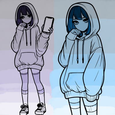 realistic girl who looks tired and is wearing an oversized hoodie and knee high socks and is holding a phone