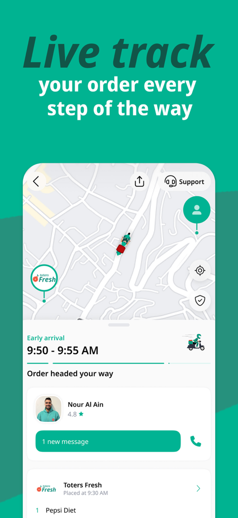 Real time order tracking on the Toters app map