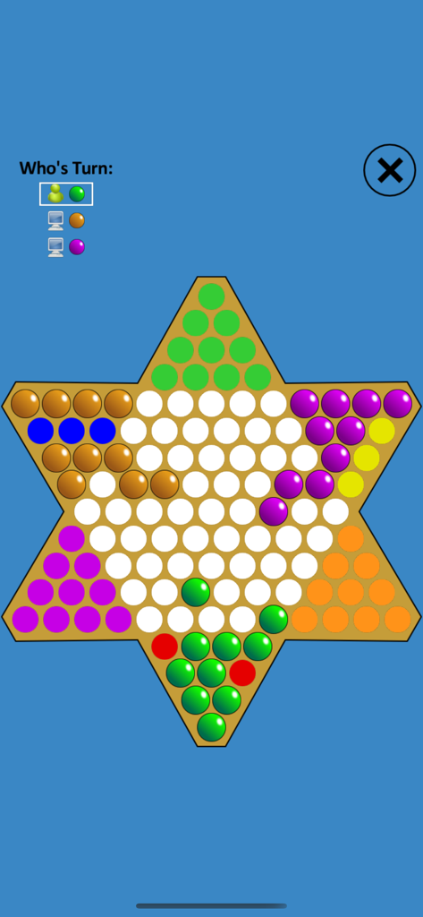 Chinese Checkers Touch - Gameplay screenshot of Chinese Checkers Touch showing a star-shaped board with colored marbles.