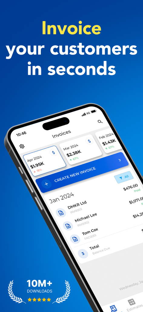 Invoice Maker - Invoice Fly app dashboard showing monthly revenue and invoice list on a mobile screen