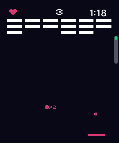Retro style breakout game with white bricks and a pink paddle