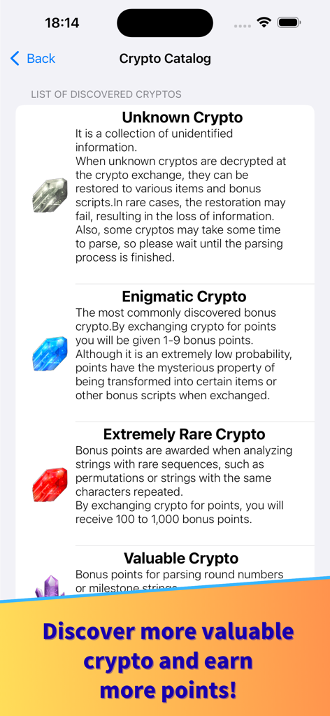 CryptoDiver - Crypto Catalog screen in CryptoDiver showing various rare items and point rewards