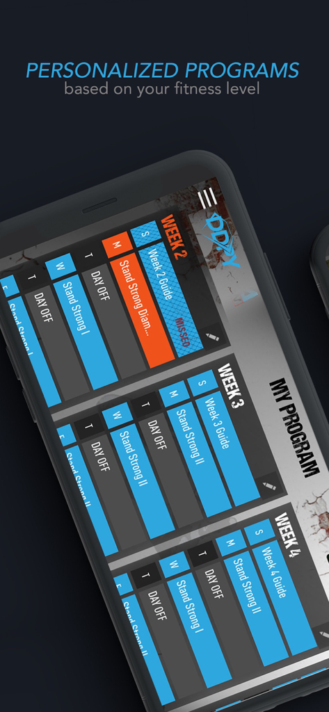 A screenshot of the DDPY app showing a personalized weekly workout schedule and program based on fitness level