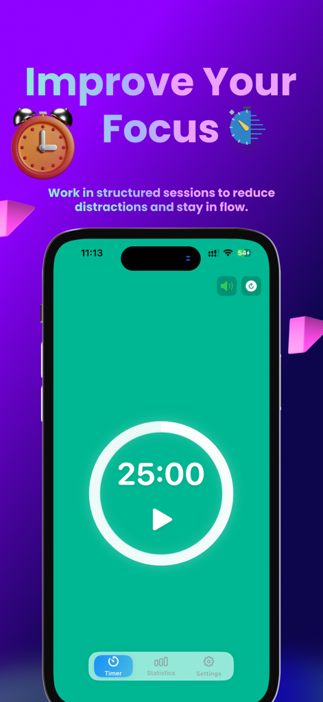 Easy Pomodoro - Pomodoro Timer - Interfaz de la aplicación Easy Pomodoro en iPhone mostrando una pantalla minimalista de temporizador de enfoque de 25 minutos
