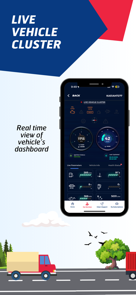 Bildschirm eines Smartphones, das die My Eicher App mit Echtzeit-Flottenüberwachung im Live-Fahrzeug-Cluster anzeigt.