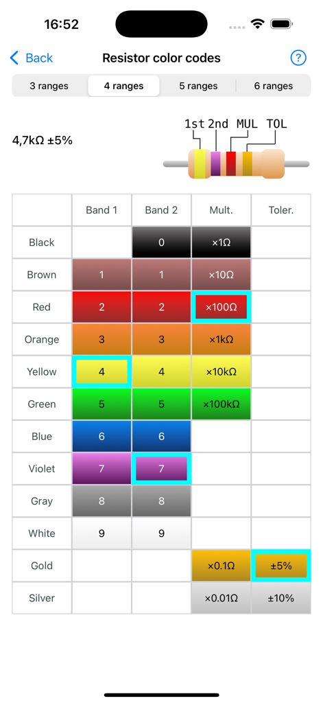 Electronic Component Codes - Écran de calculatrice de code couleur de résistance montrant une sélection à 4 bandes pour une résistance de 4,7 kOhms