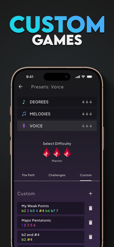 Sonofield Ear Trainer - Sonofield Ear Trainer app custom games screen showing voice presets and difficulty levels