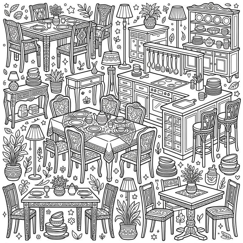 Immerse yourself in the world of interior design with this detailed coloring page featuring an array of dining and kitchen furniture. From elegant dining sets to modern kitchen islands, this intricate illustration offers hours of creative relaxation for colorists of all ages.
