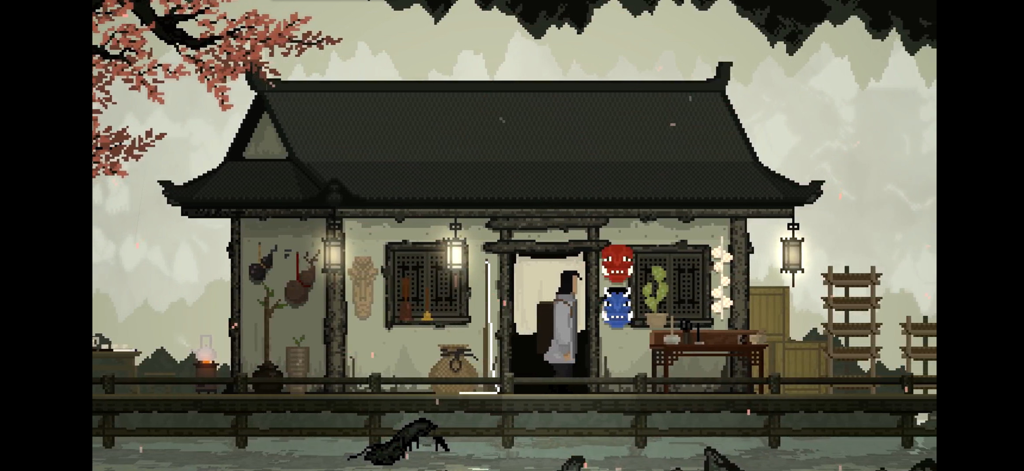 The Rewinder - Una escena de pixel art de The Rewinder con un personaje delante de un edificio tradicional chino con una estética de pintura a tinta.