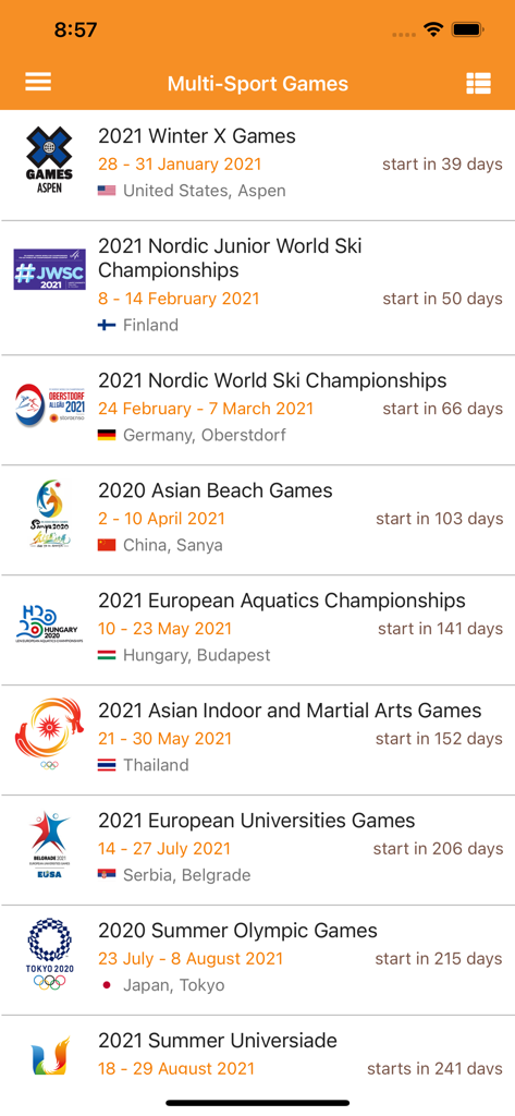 All Sport DB Live - All Sport DB Liveモバイルアプリのカレンダーに、グローバルなマルチスポーツイベントとチャンピオンシップのリストが表示されています。