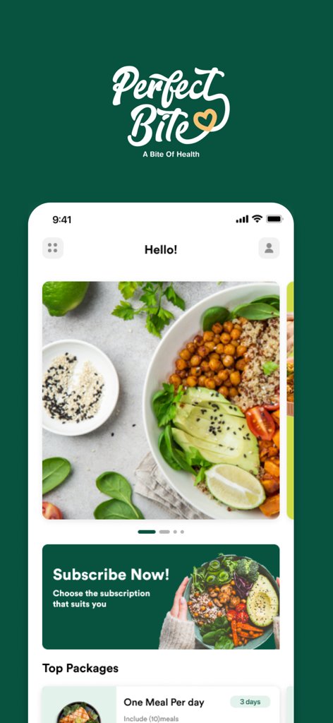 Perfect Bite - Perfect Bite mobile app interface with a healthy quinoa bowl and meal subscription banner