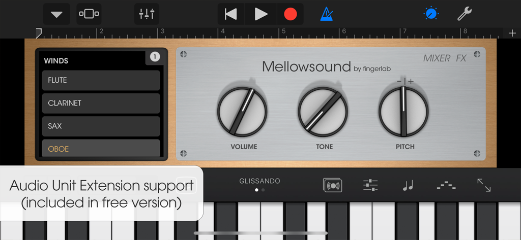 Mellowsound - Interface do aplicativo Mellowsound mostrando controles vintage do Mellotron para volume, tom e afinação com um menu de seleção de instrumentos de sopro.