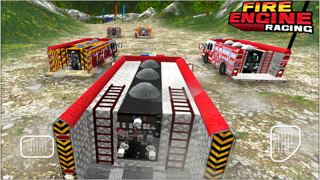 Fire Engine Racing Simulator - Vários caminhões de bombeiros correndo em uma pista acidentada em uma pista fora de estrada em um jogo de simulador